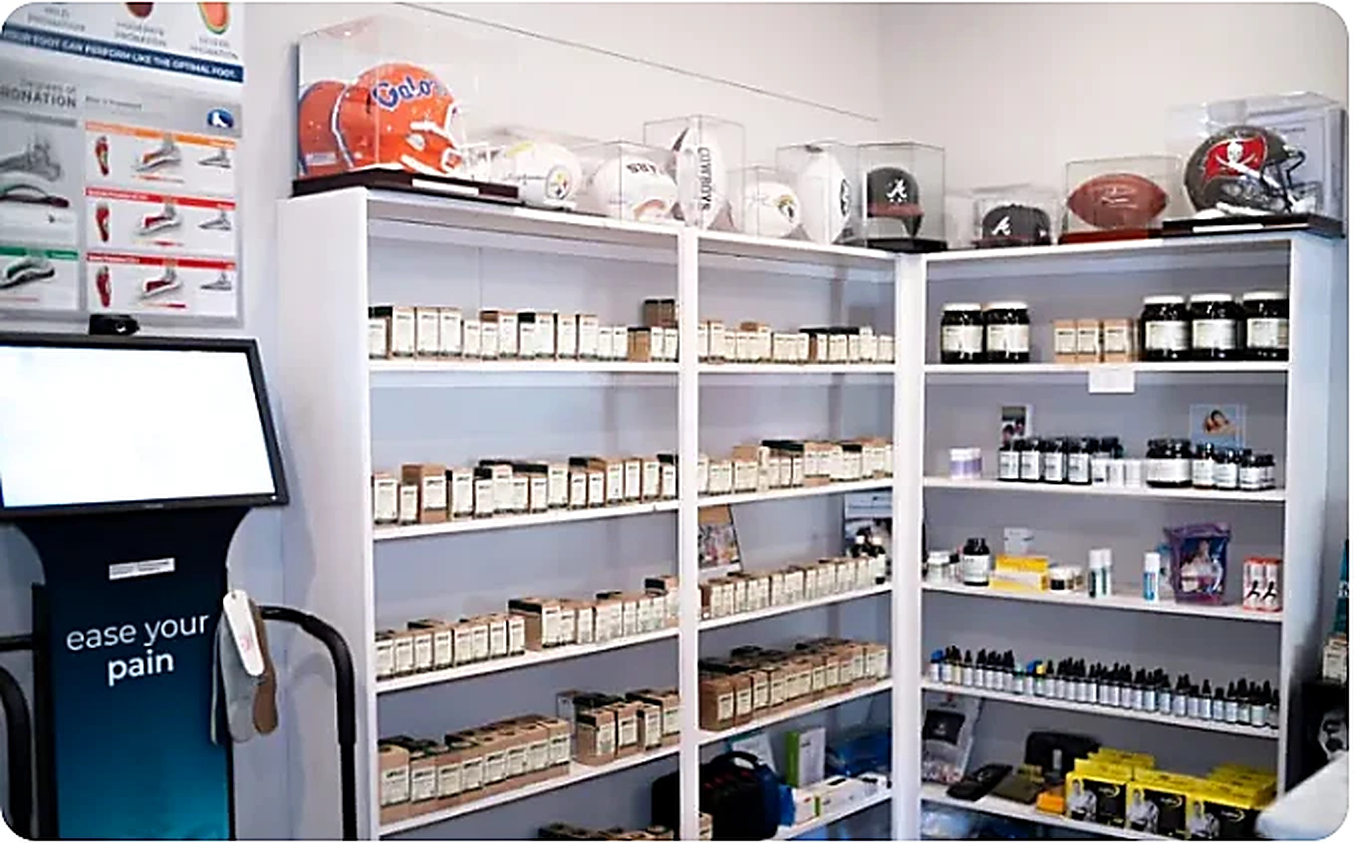 Clinic interior with treatment equipment and wellness products